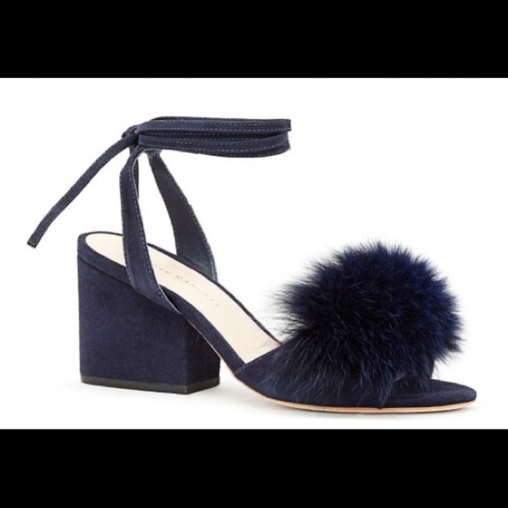 Loeffler Randall Navy Sandals with Fur Pom